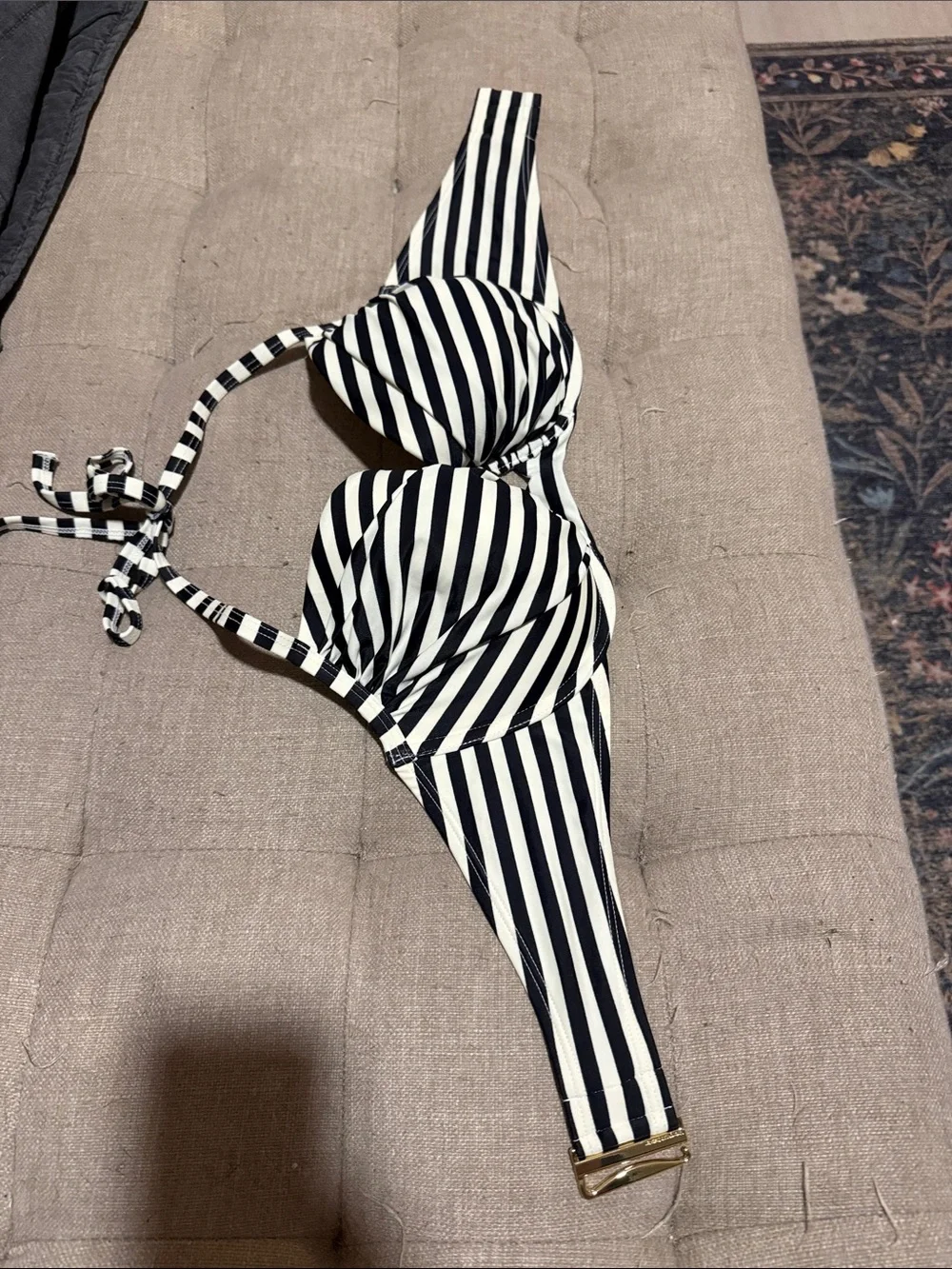 Victoria's Secret Black & White Striped Halter Bikini Top 34 DD